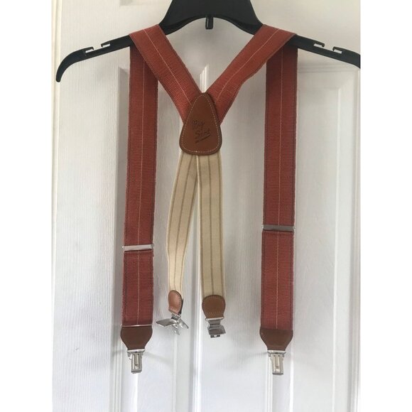 Vtg Big Sport Burnt Orange Tan Blue Striped Suspenders Leather Elastic Braces - Picture 4 of 9